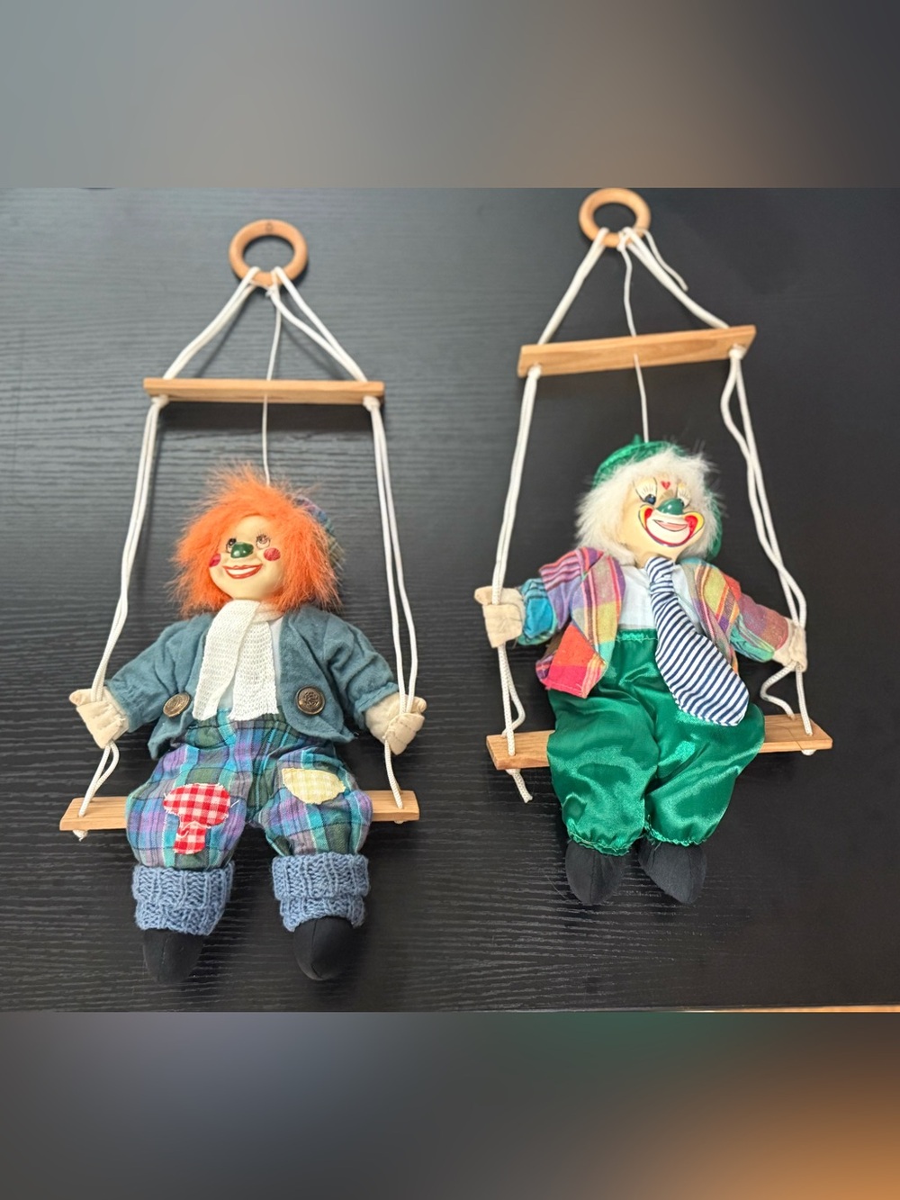 Pair of Vintage Porcelain Clowns on Wooden Swings Hanging Wall Decor Rare Lot